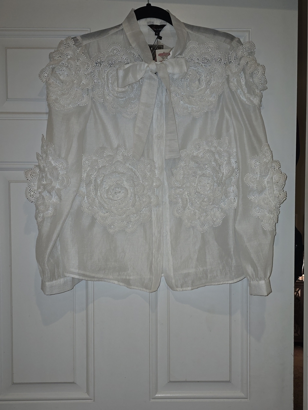 White Floral Lace Appliqué Tie-Neck Button-Down Blouse